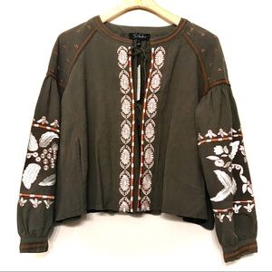 NWT Anthropologie RD +Koko Embroidered Puffed Sleeve Tie Closure Jacket